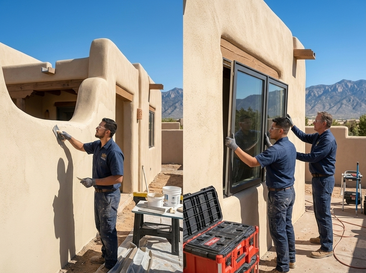 K9 Construction crew on a Pueblo-revival home