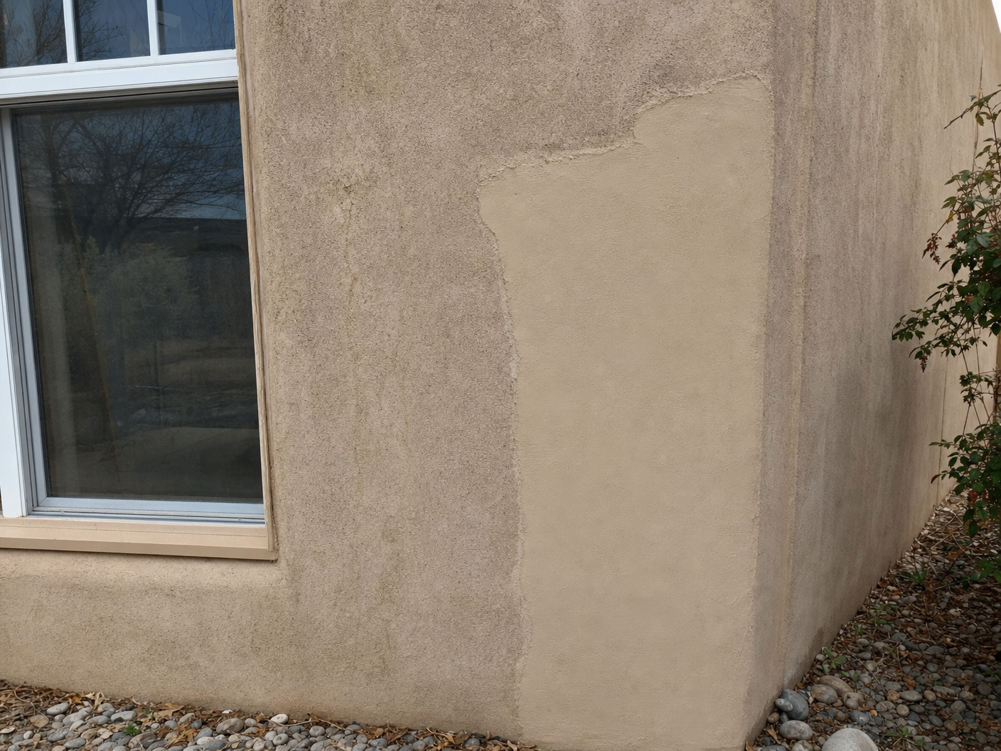 Stucco wall corner with a large rectangular patch of fresh stucco standing out like a scar against the older surrounding wall